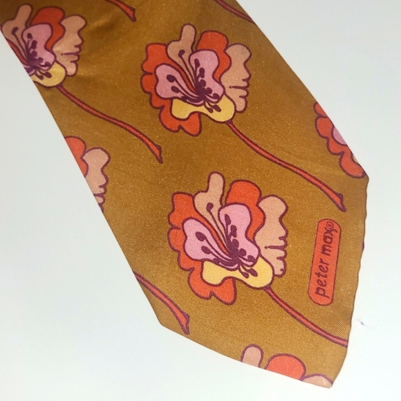 Peter Max Silk Tie Signed Pop Art Bronze Orange Pink Hibiscus Floral Print Retro - Picture 2 of 8